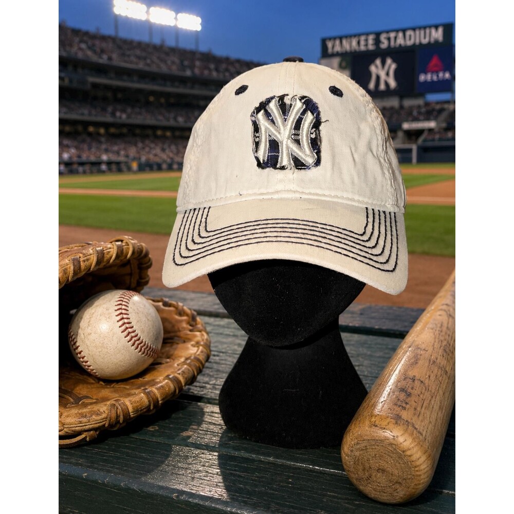 Vintage New Era New York Yankees Plaid Patch Adjustable Hat White Distressed Cap